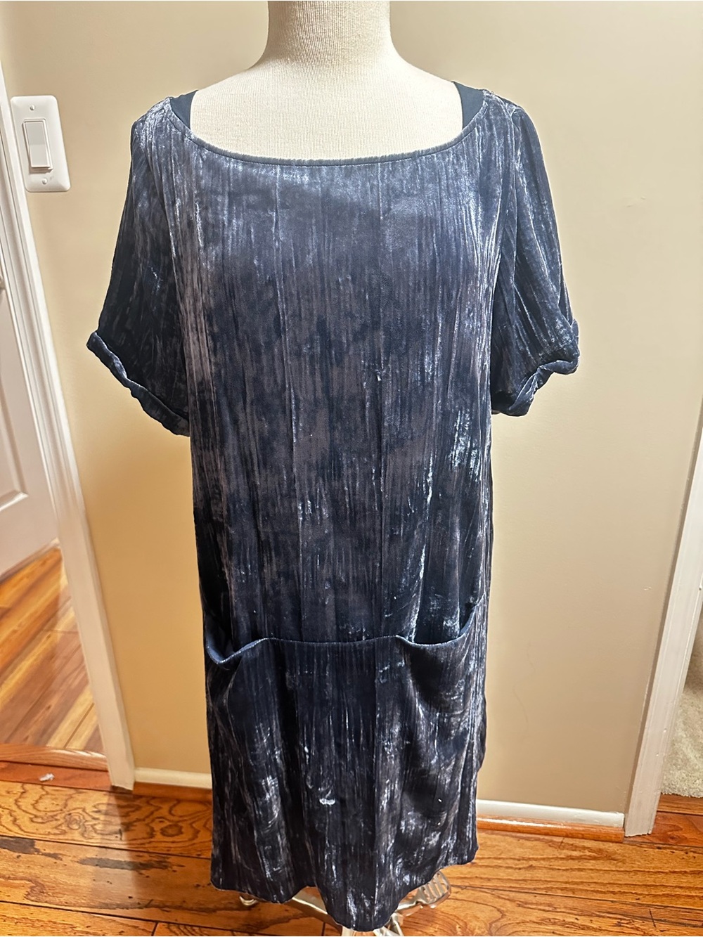 Floreat Slate Blue Velvet Mini Dress with Pockets